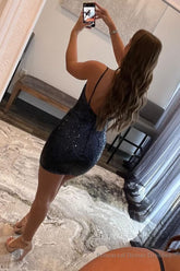 Glitter One Shoulder Tight Black Homecoming Dress